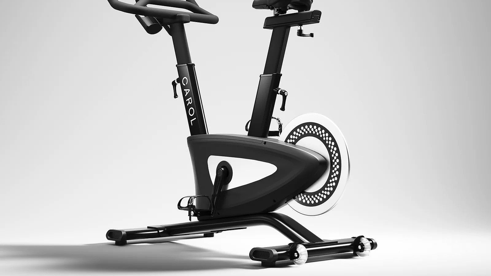 CAROL Bike seen three-quarters on in the studio, black and white
