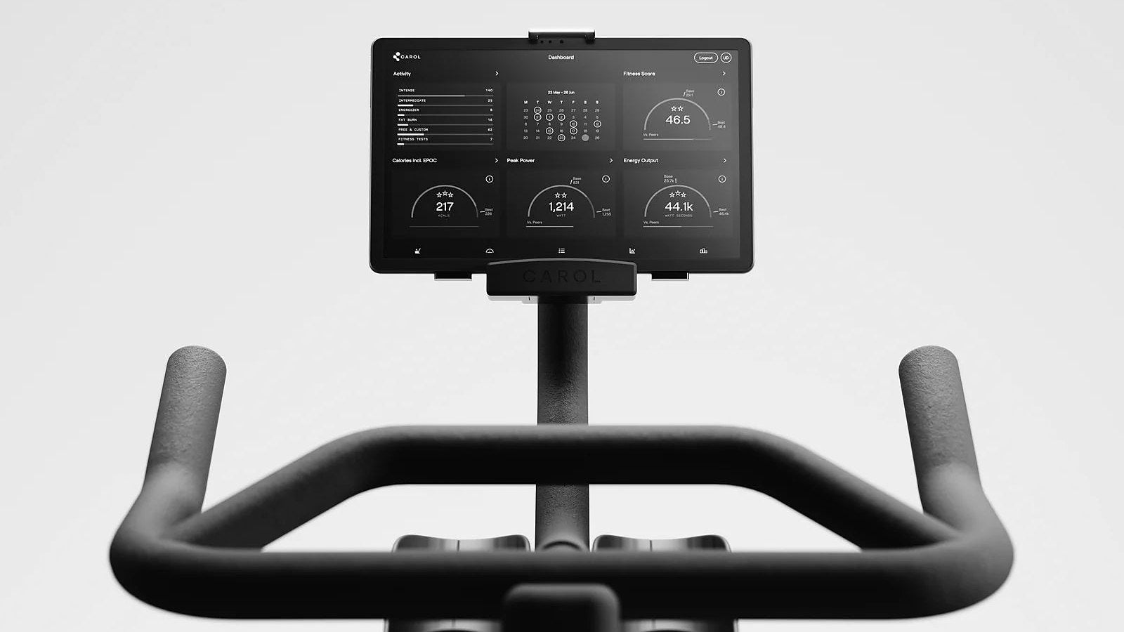 CAROL Bike handlebar and dashboard showing training zones, black and white
